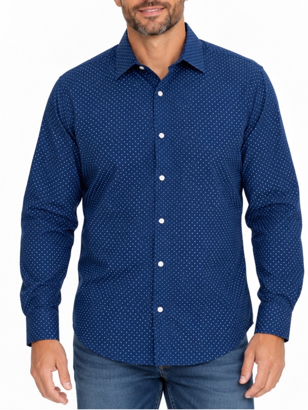 Banana Republic Button Up Shirt Mens Navy Blue Polka Dot Non Iron Shirt